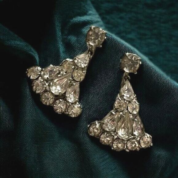 Vintage Signed Czech Rhinestone Fan Earrings Dangle Teardrop Flared Screw Back - Picture 1 of 6